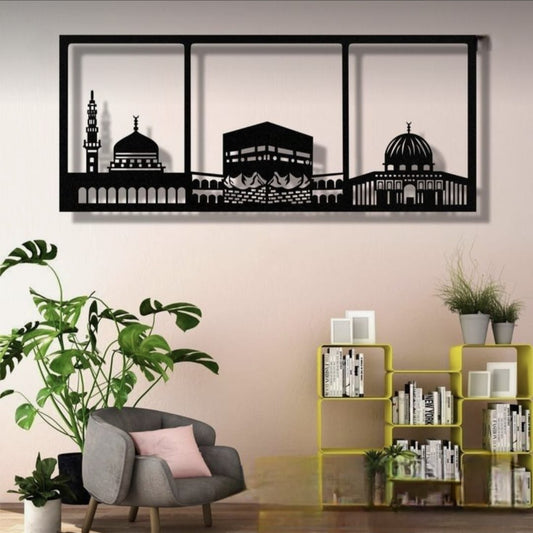 Beautiful Makkah and Madina Wooden Frame | 42x24 inches